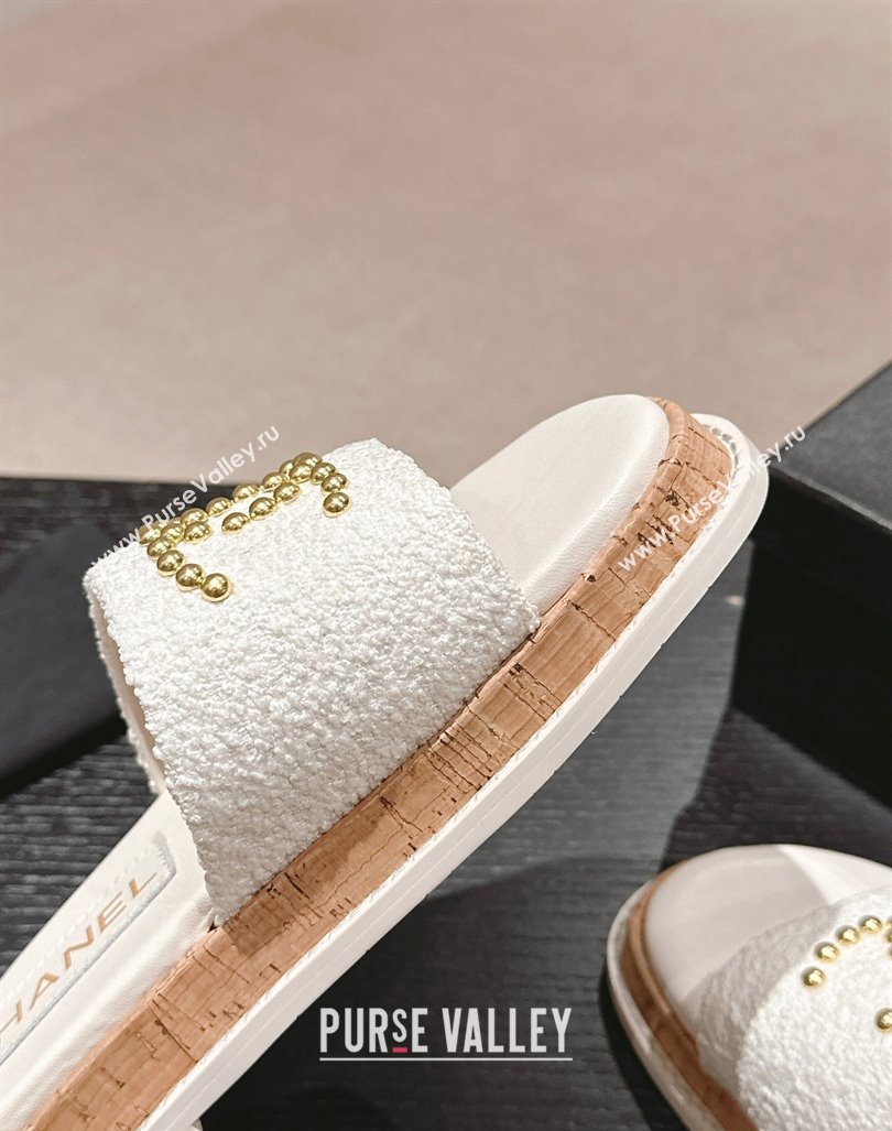 Chanel Tweed Flat Slide Sandals with Studs CC White 2024 0603 (MD-240603163)