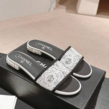 Chanel Lace Flat Slide Sandals White 2024 0603 (MD-240603164)