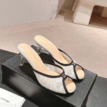 Chanel Lace High Heel Slides Sandals 7cm White 2024 0601 (MD-240601086)