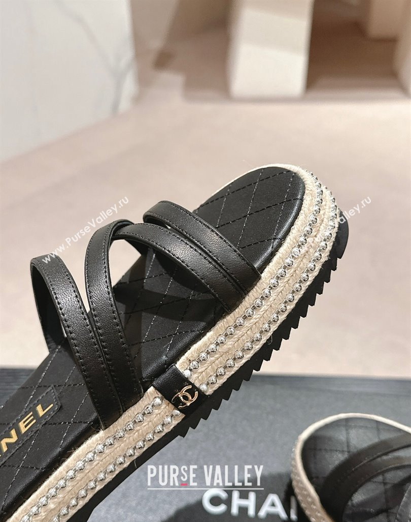 Chanel Calfskin Espadrille Flat Slide Sandals with Studs Chain Black 2024 (MD-240603021)