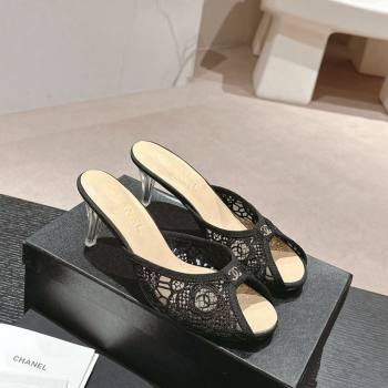Chanel Lace High Heel Slides Sandals 7cm Black 2024 0601 (MD-240601087)