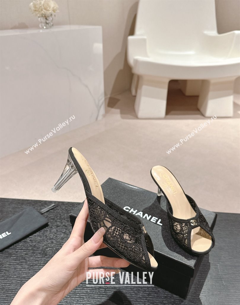 Chanel Lace High Heel Slides Sandals 7cm Black 2024 0601 (MD-240601087)