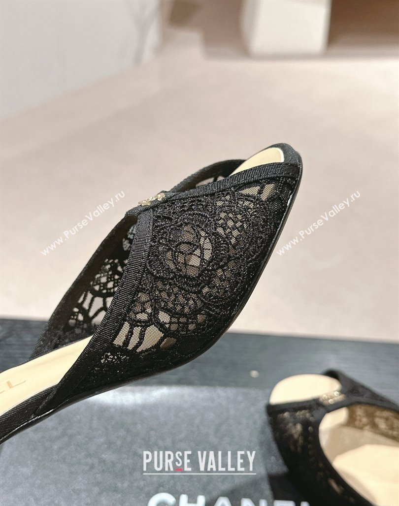 Chanel Lace High Heel Slides Sandals 7cm Black 2024 0601 (MD-240601087)