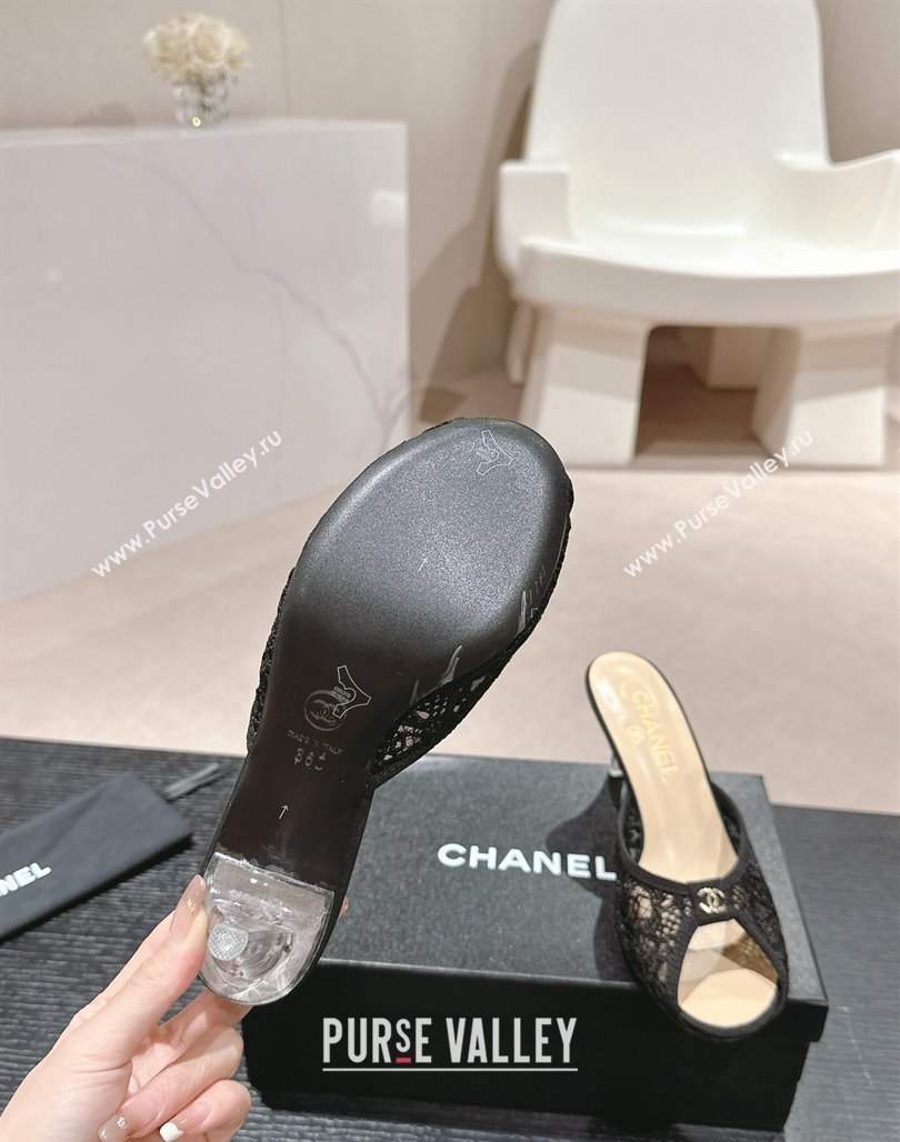 Chanel Lace High Heel Slides Sandals 7cm Black 2024 0601 (MD-240601087)