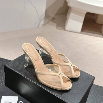 Chanel Mesh and Suede High Heel Slides Sandals 7cm Beige 2024 0601 (MD-240601092)
