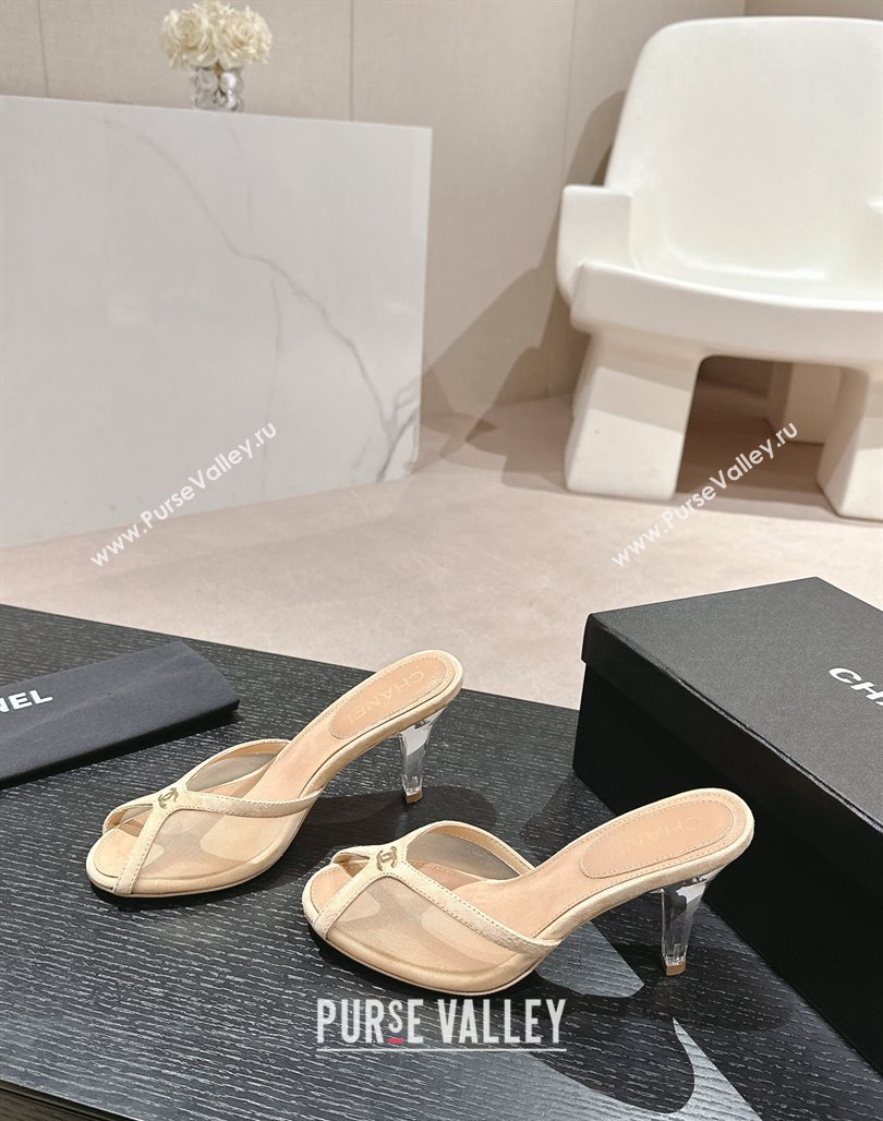 Chanel Mesh and Suede High Heel Slides Sandals 7cm Beige 2024 0601 (MD-240601092)