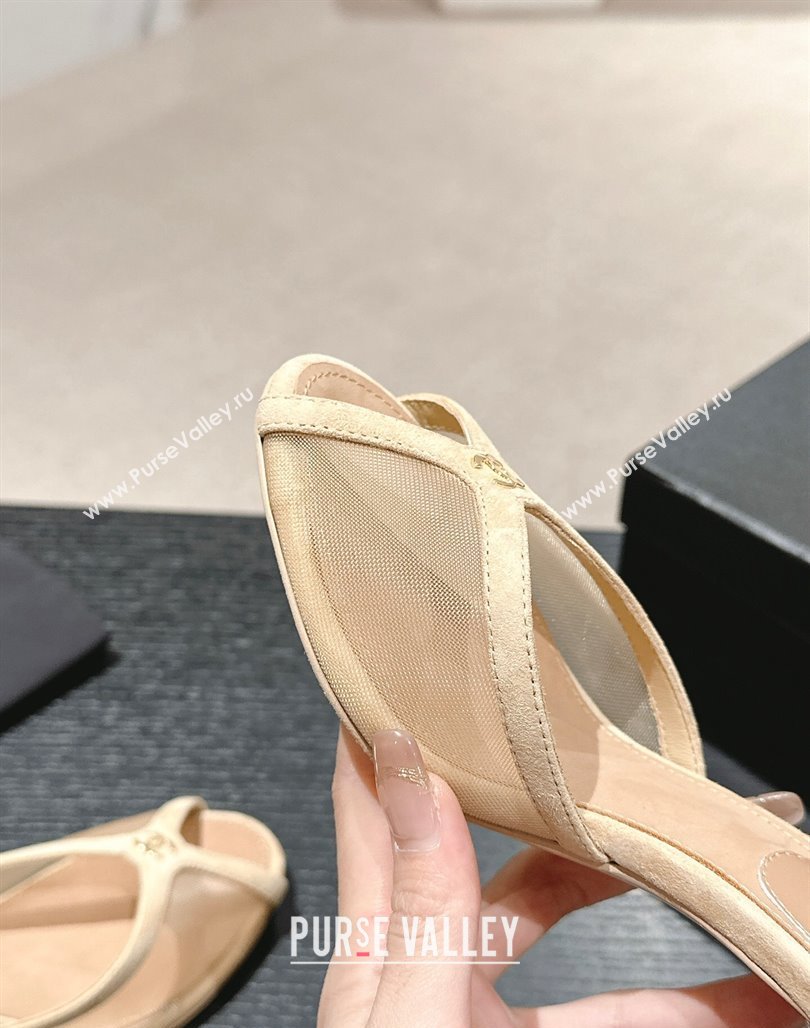 Chanel Mesh and Suede High Heel Slides Sandals 7cm Beige 2024 0601 (MD-240601092)