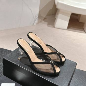 Chanel Mesh and Suede High Heel Slides Sandals 7cm Black 2024 0601 (MD-240601094)