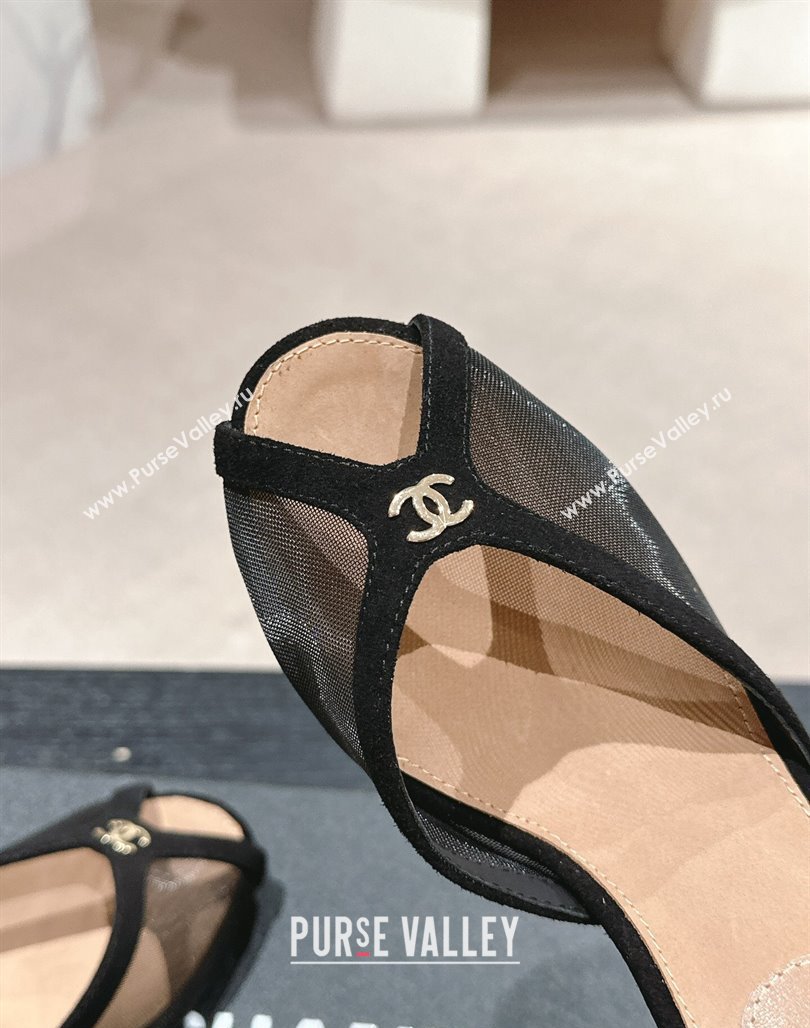 Chanel Mesh and Suede High Heel Slides Sandals 7cm Black 2024 0601 (MD-240601094)