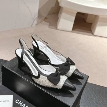 Chanel Tweed Slingback Pumps 6cm with Pearls , Sequins and Bow White 2024 (MD-240603166)