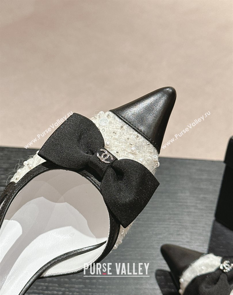 Chanel Tweed Slingback Pumps 6cm with Pearls , Sequins and Bow White 2024 (MD-240603166)