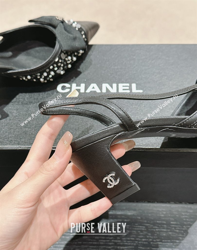 Chanel Tweed Slingback Pumps 6cm with Pearls , Sequins and Bow Black 2024 (MD-240603167)