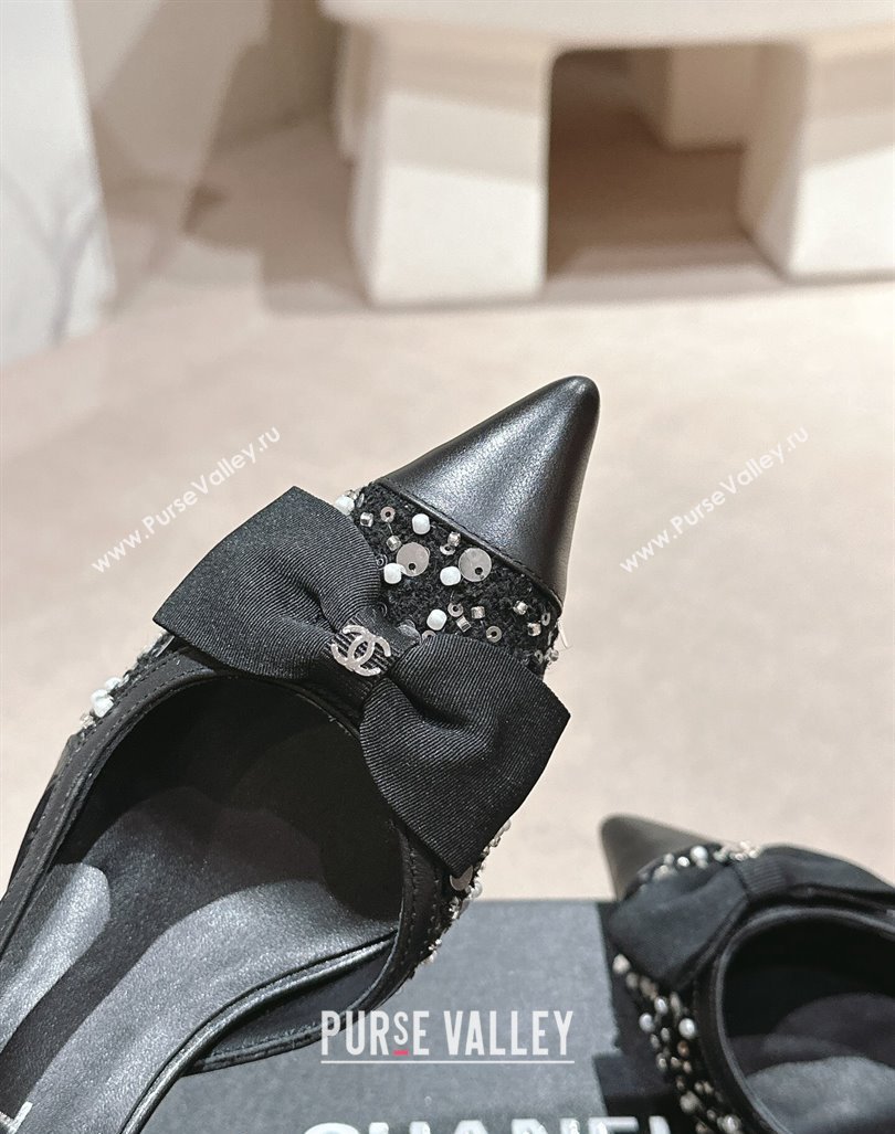 Chanel Tweed Slingback Pumps 6cm with Pearls , Sequins and Bow Black 2024 (MD-240603167)