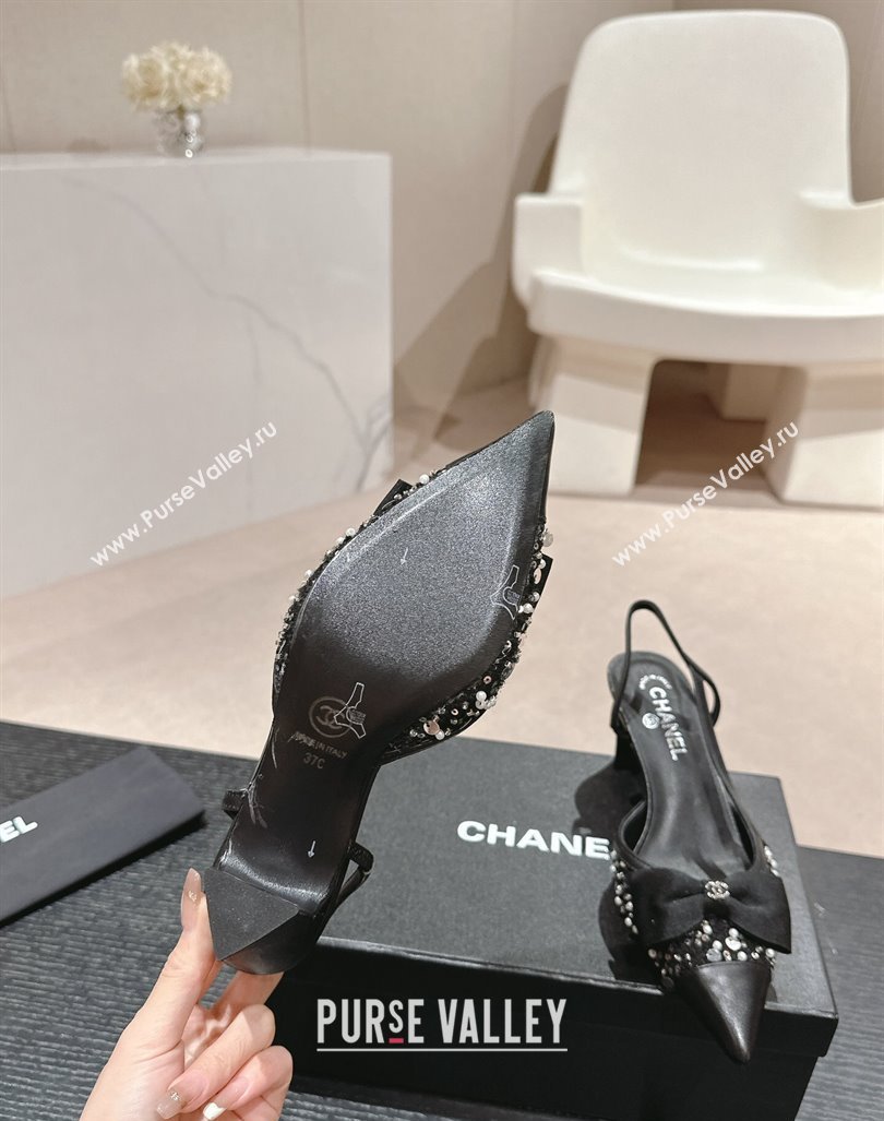 Chanel Tweed Slingback Pumps 6cm with Pearls , Sequins and Bow Black 2024 (MD-240603167)