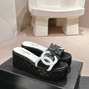 Chanel Quilted Lambskin Platform Slide Sandals 6cm with Side CC Black 2024 0603 (MD-240603168)