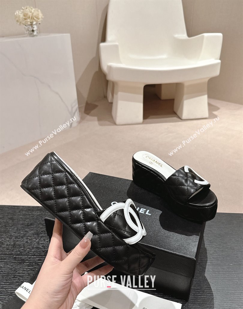 Chanel Quilted Lambskin Platform Slide Sandals 6cm with Side CC Black 2024 0603 (MD-240603168)