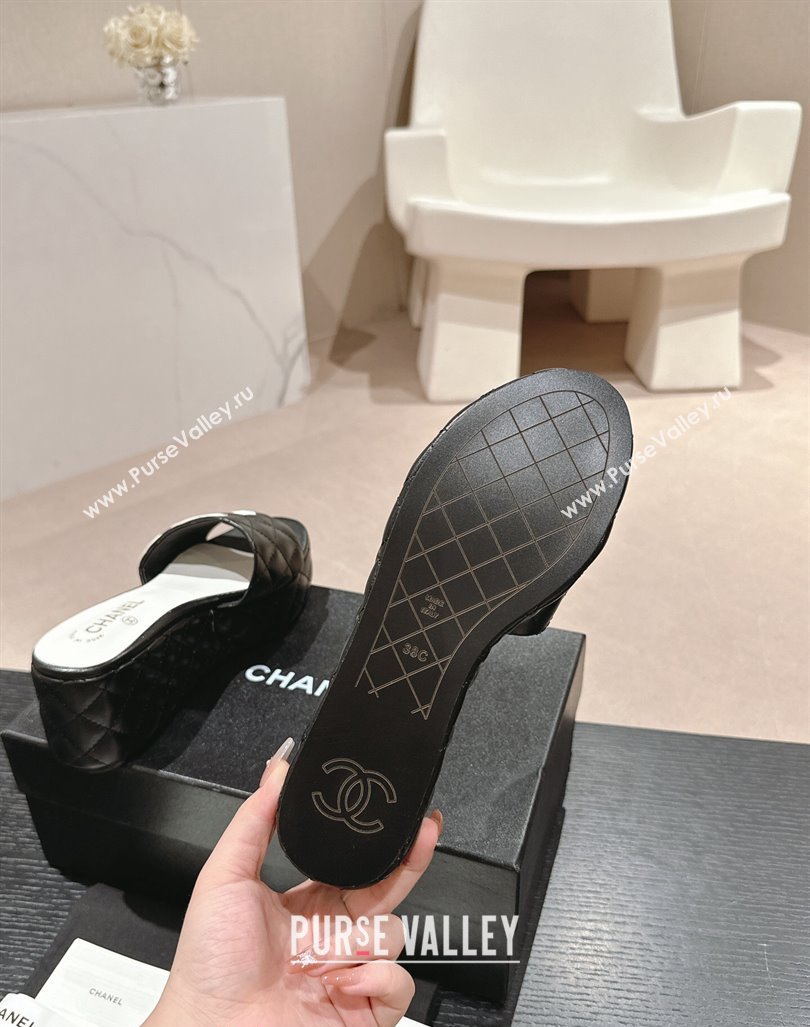 Chanel Quilted Lambskin Platform Slide Sandals 6cm with Side CC Black 2024 0603 (MD-240603168)