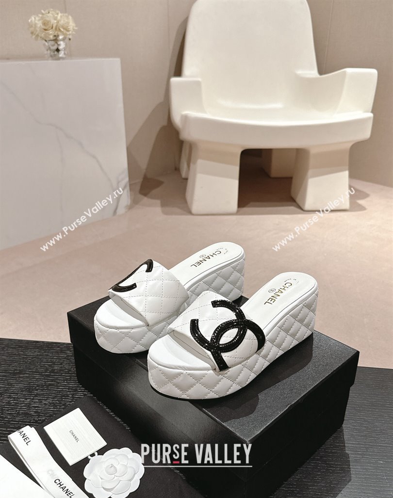 Chanel Quilted Lambskin Platform Slide Sandals 6cm with Side CC White 2024 0603 (MD-240603169)