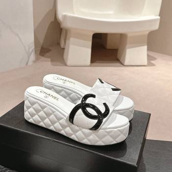 Chanel Quilted Lambskin Platform Slide Sandals 6cm with Side CC White 2024 0603 (MD-240603169)