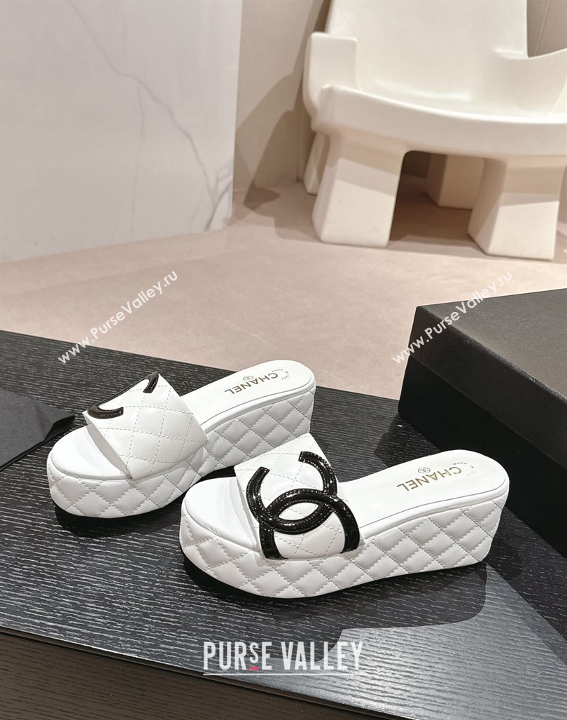 Chanel Quilted Lambskin Platform Slide Sandals 6cm with Side CC White 2024 0603 (MD-240603169)