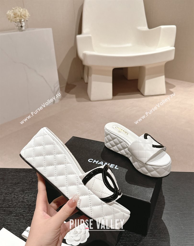 Chanel Quilted Lambskin Platform Slide Sandals 6cm with Side CC White 2024 0603 (MD-240603169)