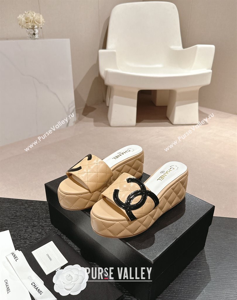 Chanel Quilted Lambskin Platform Slide Sandals 6cm with Side CC Beige 2024 0603 (MD-240603170)