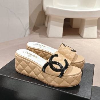 Chanel Quilted Lambskin Platform Slide Sandals 6cm with Side CC Beige 2024 0603 (MD-240603170)
