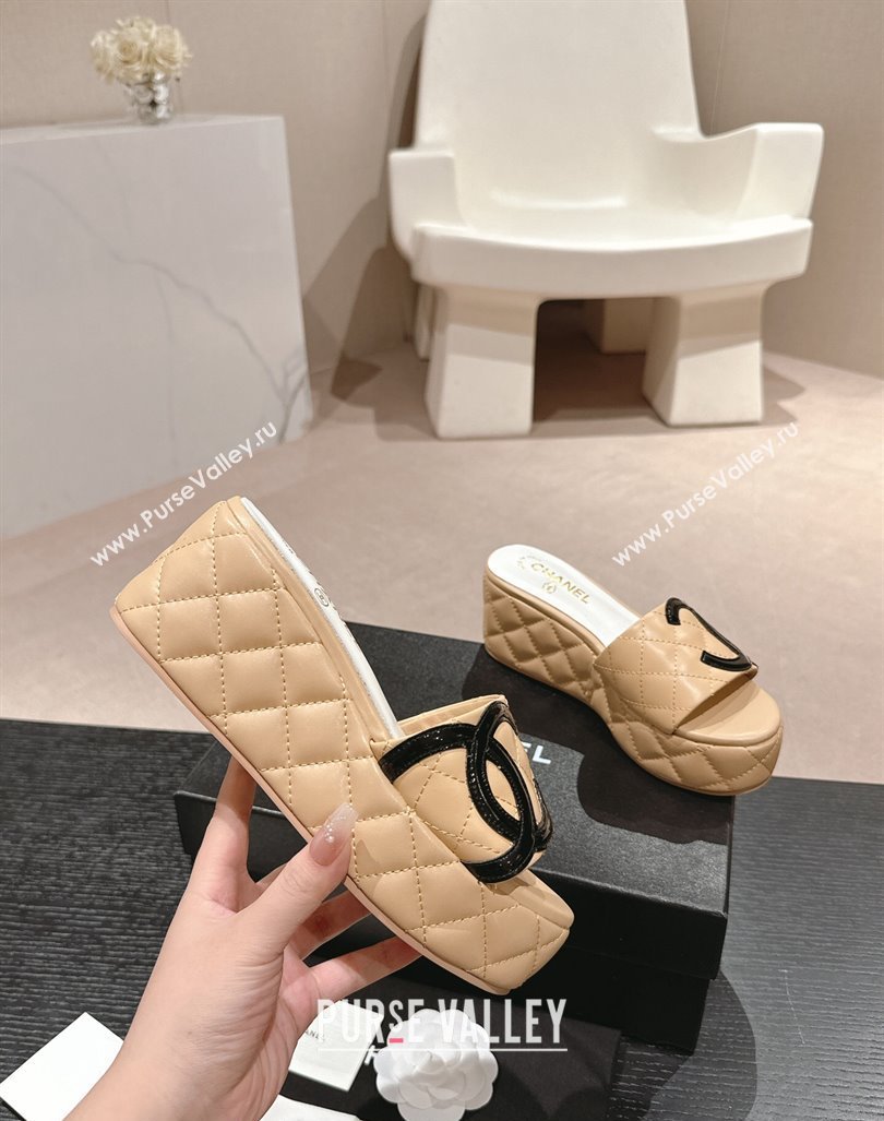 Chanel Quilted Lambskin Platform Slide Sandals 6cm with Side CC Beige 2024 0603 (MD-240603170)