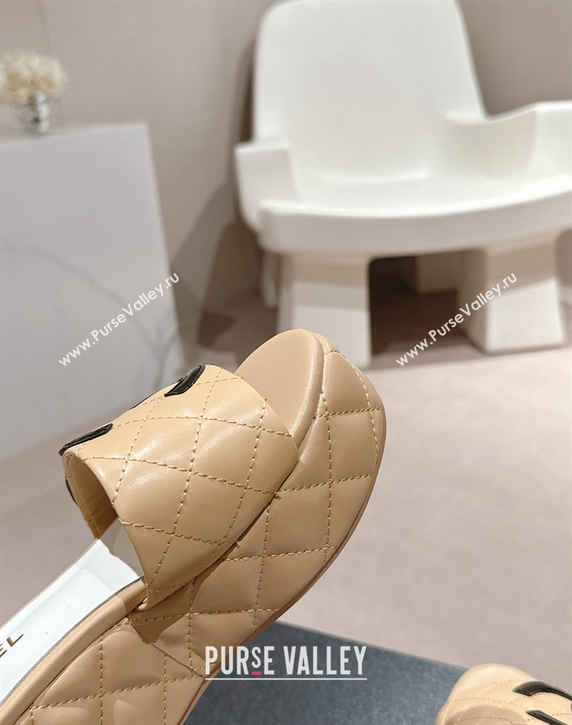 Chanel Quilted Lambskin Platform Slide Sandals 6cm with Side CC Beige 2024 0603 (MD-240603170)