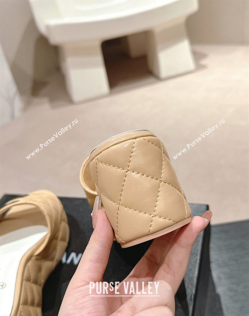 Chanel Quilted Lambskin Platform Slide Sandals 6cm with Side CC Beige 2024 0603 (MD-240603170)