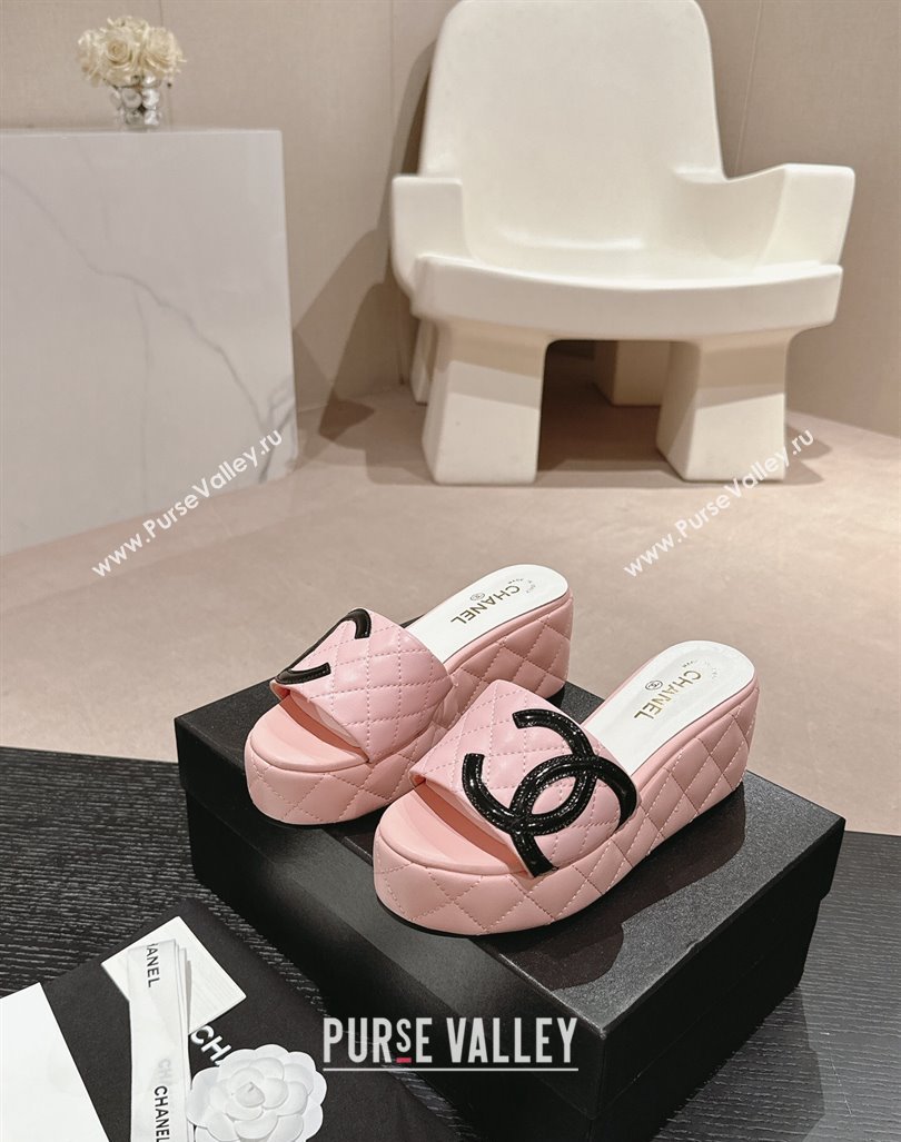 Chanel Quilted Lambskin Platform Slide Sandals 6cm with Side CC Pink 2024 0603 (MD-240603171)