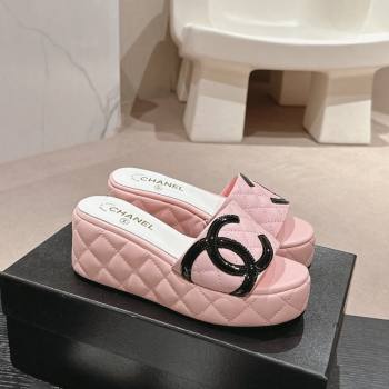 Chanel Quilted Lambskin Platform Slide Sandals 6cm with Side CC Pink 2024 0603 (MD-240603171)