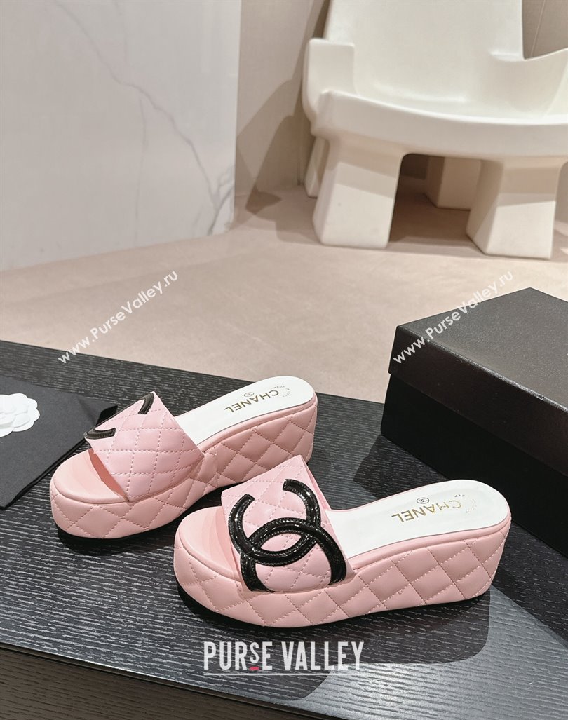 Chanel Quilted Lambskin Platform Slide Sandals 6cm with Side CC Pink 2024 0603 (MD-240603171)