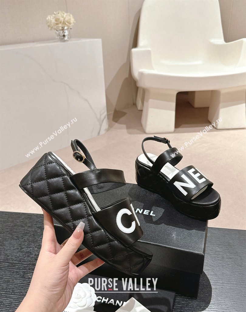 Chanel Quilted Lambskin Platform Sandals 6cm with Signature Black 2024 0603 (MD-240603172)