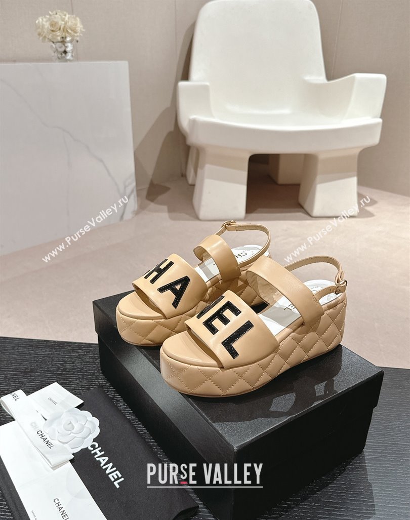 Chanel Quilted Lambskin Platform Sandals 6cm with Signature Beige 2024 0603 (MD-240603174)