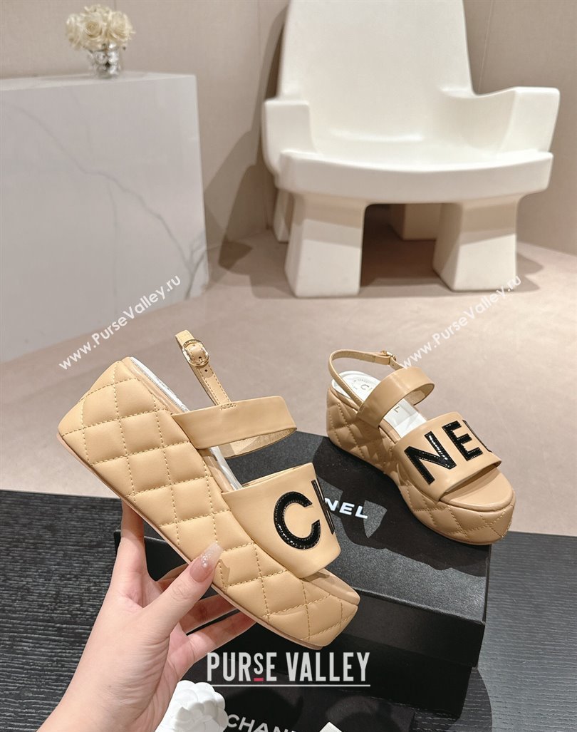 Chanel Quilted Lambskin Platform Sandals 6cm with Signature Beige 2024 0603 (MD-240603174)