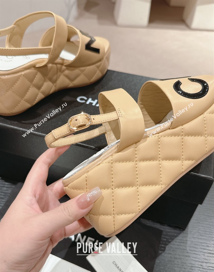 Chanel Quilted Lambskin Platform Sandals 6cm with Signature Beige 2024 0603 (MD-240603174)