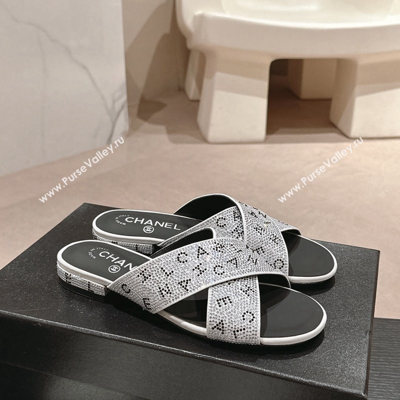 Chanel Strass Flat Slide Sandals with Letters Silver 2024 0603 (MD-240603181)