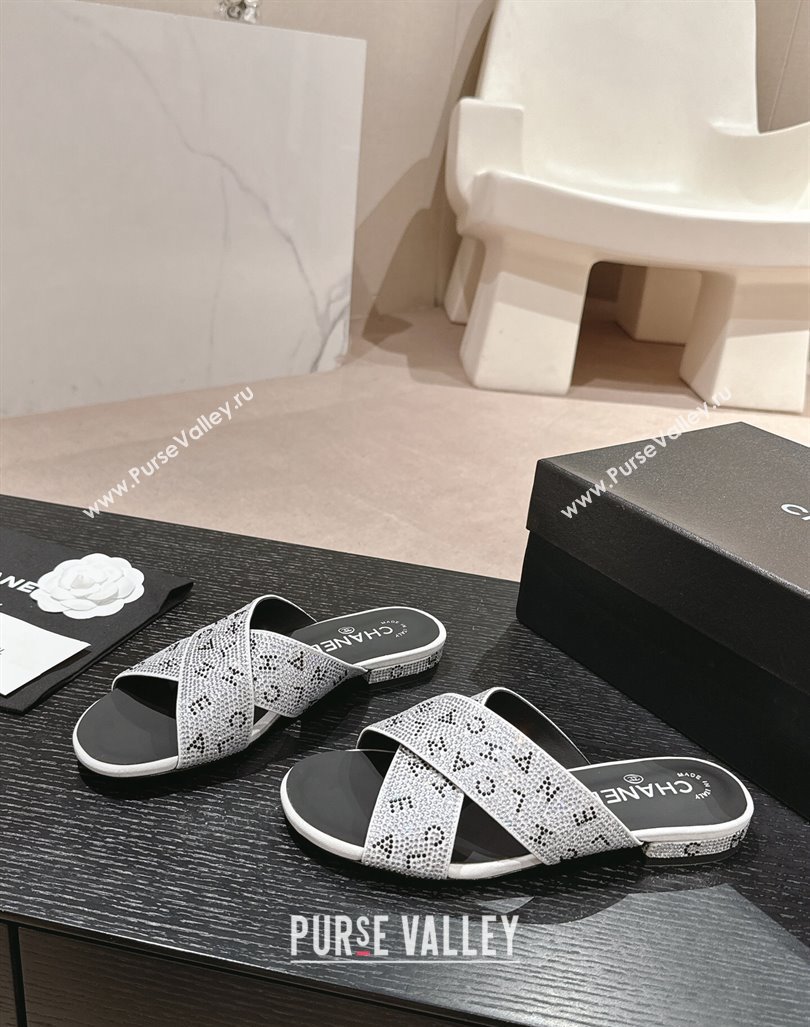 Chanel Strass Flat Slide Sandals with Letters Silver 2024 0603 (MD-240603181)