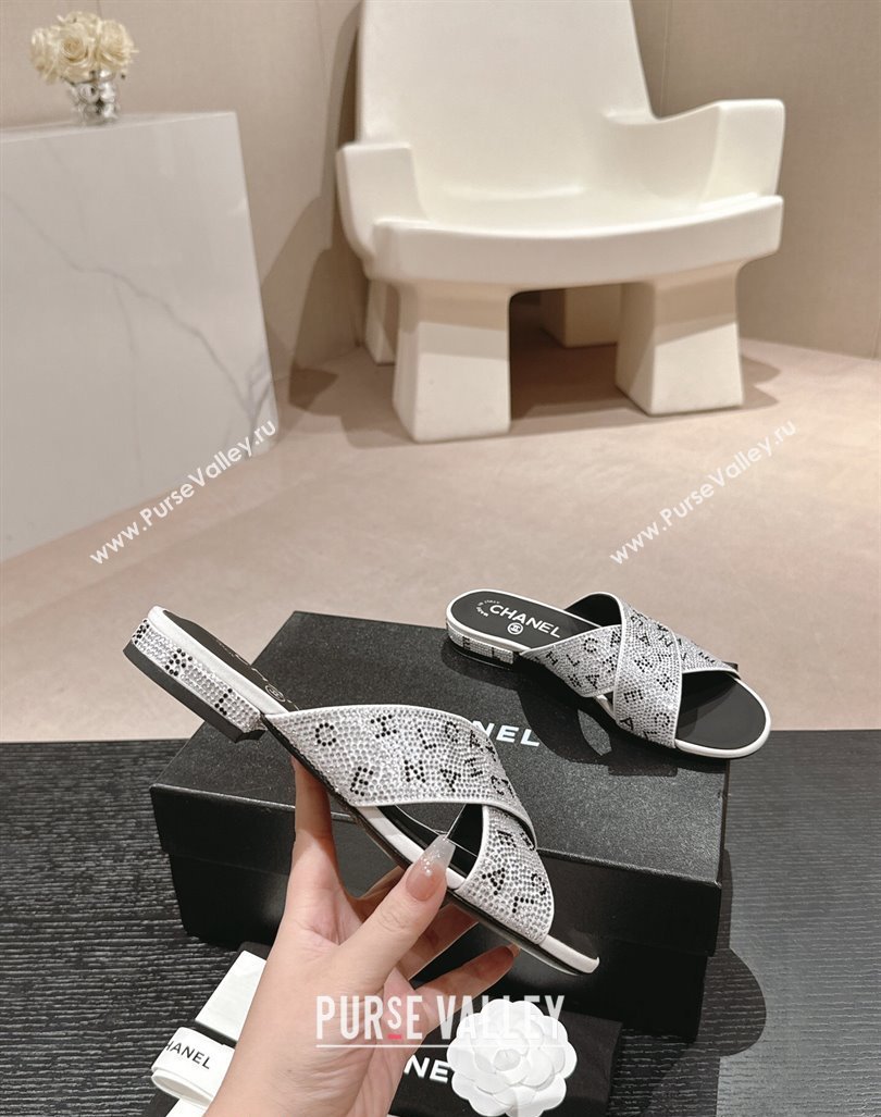 Chanel Strass Flat Slide Sandals with Letters Silver 2024 0603 (MD-240603181)