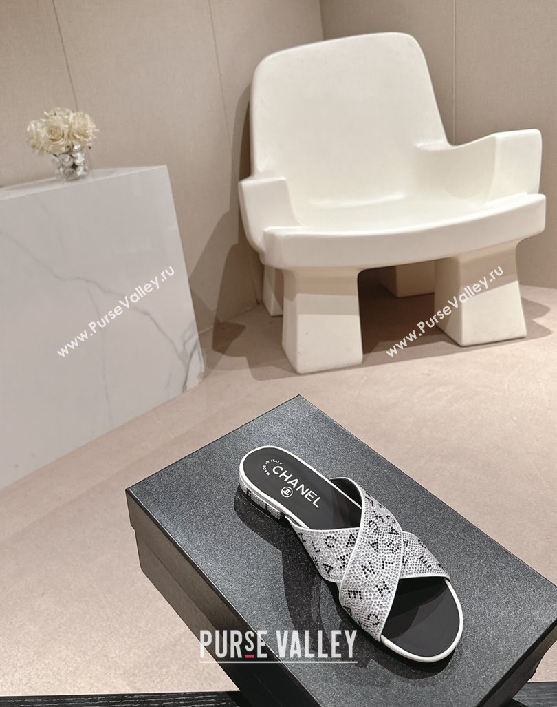 Chanel Strass Flat Slide Sandals with Letters Silver 2024 0603 (MD-240603181)