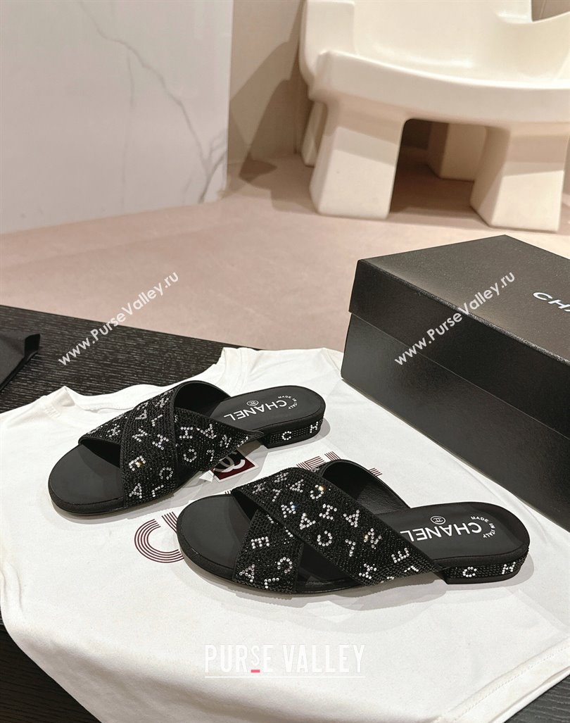 Chanel Strass Flat Slide Sandals with Letters Black 2024 0603 (MD-240603182)