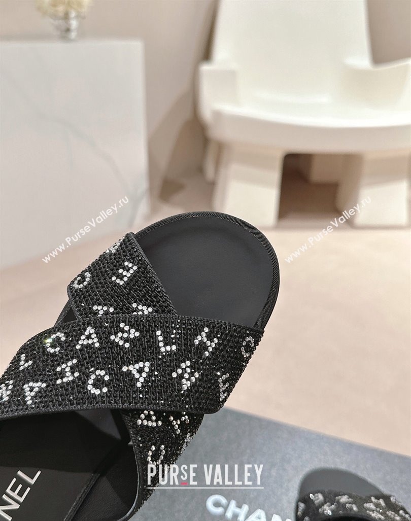 Chanel Strass Flat Slide Sandals with Letters Black 2024 0603 (MD-240603182)