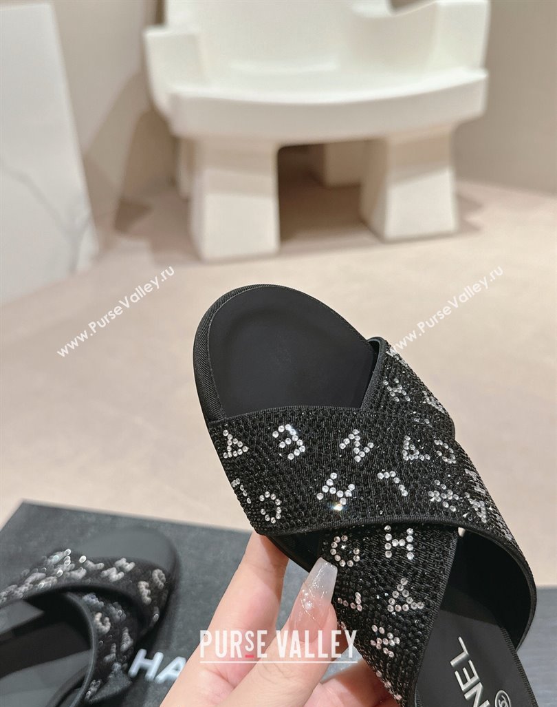 Chanel Strass Flat Slide Sandals with Letters Black 2024 0603 (MD-240603182)