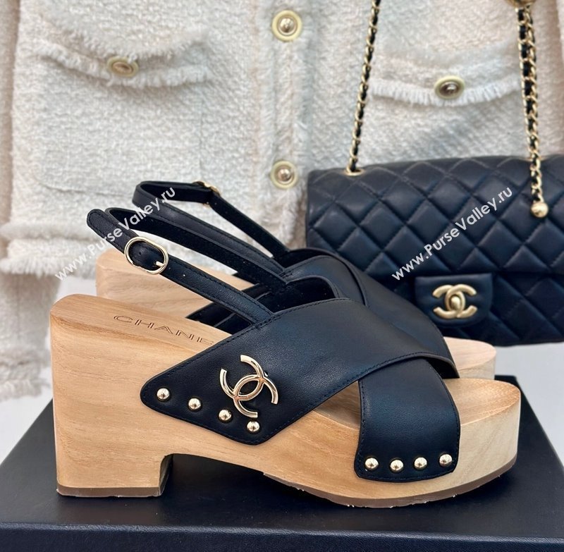 Chanel Calfskin Wood Platform Sandals Black 2024 060302 (MD-240603183)