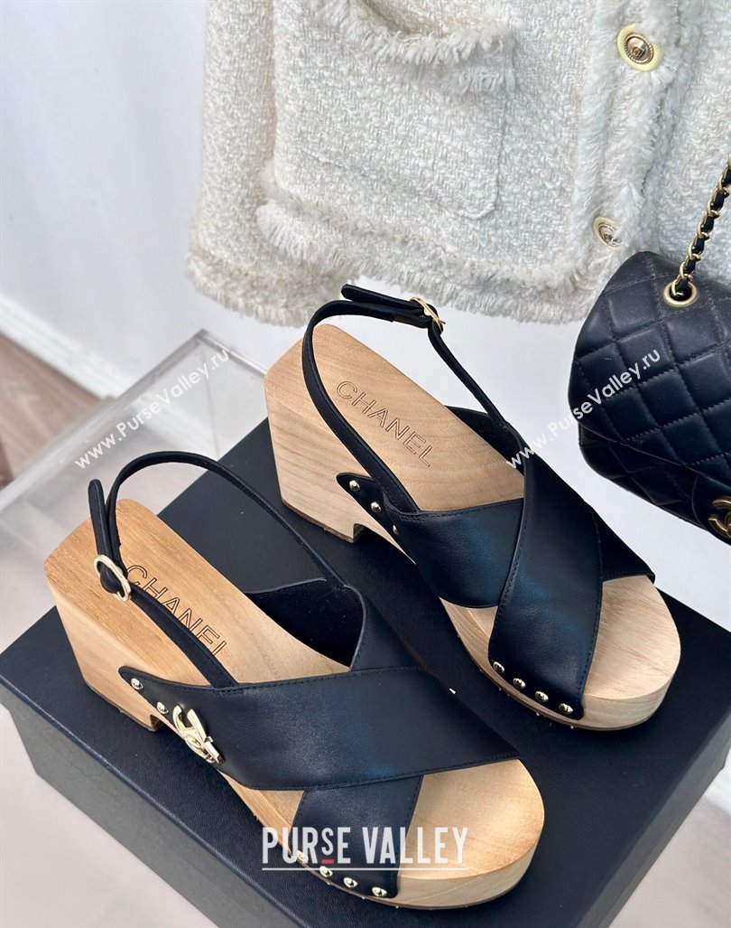 Chanel Calfskin Wood Platform Sandals Black 2024 060302 (MD-240603183)