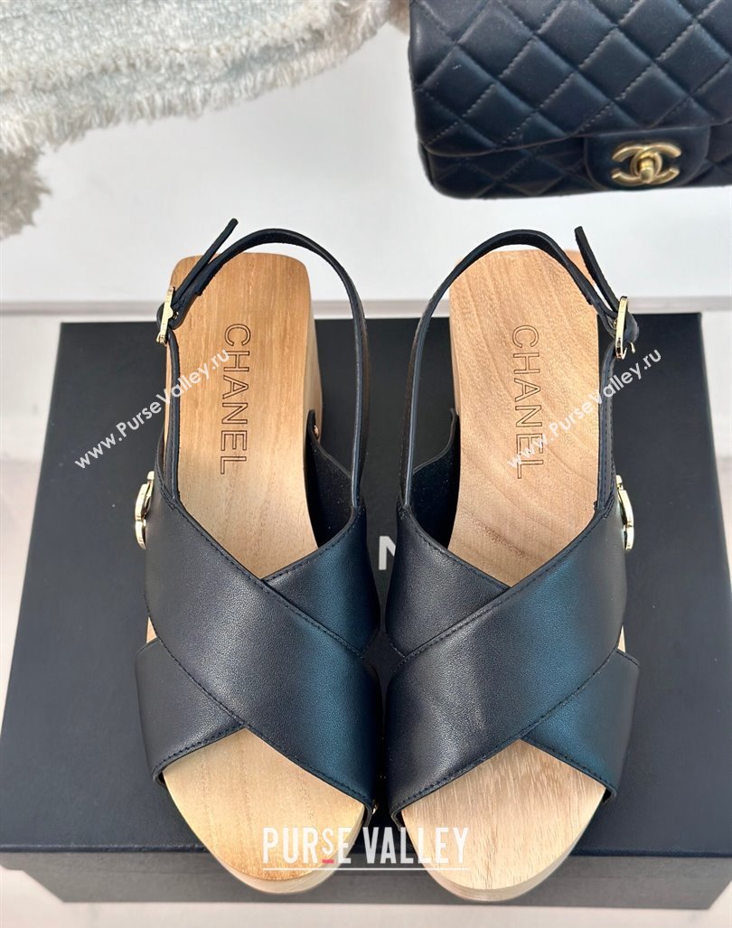 Chanel Calfskin Wood Platform Sandals Black 2024 060302 (MD-240603183)