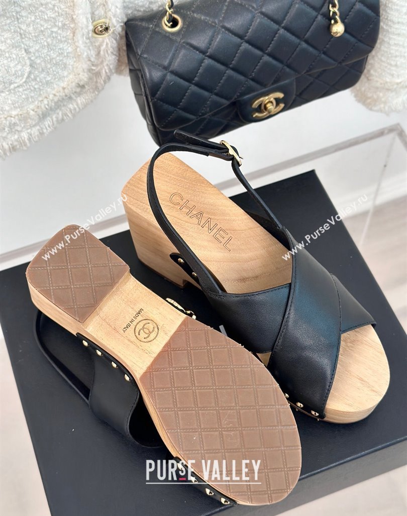 Chanel Calfskin Wood Platform Sandals Black 2024 060302 (MD-240603183)