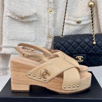 Chanel Calfskin Wood Platform Sandals Beige 2024 060302 (MD-240603185)