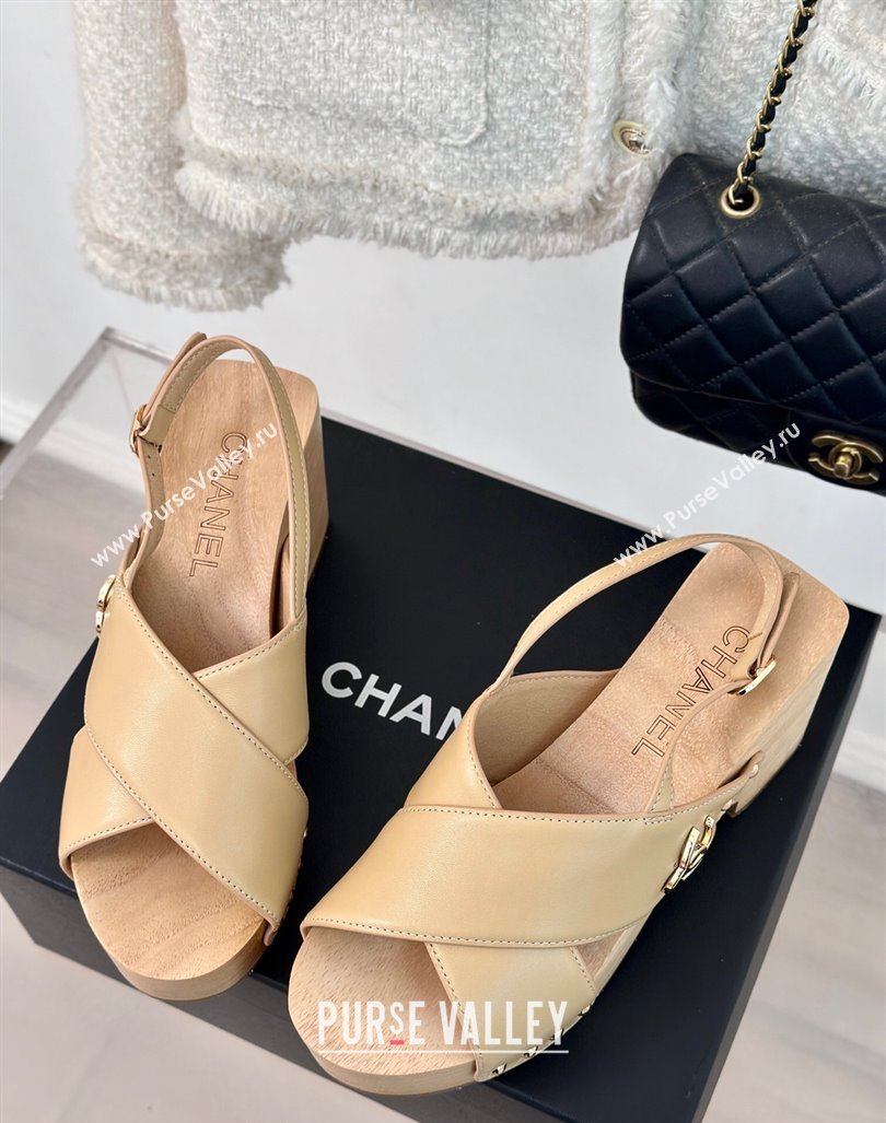 Chanel Calfskin Wood Platform Sandals Beige 2024 060302 (MD-240603185)